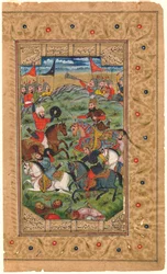 Shahnama：ロスタムとスカーレットが戦闘を開始、1600-1625（テンペラ）